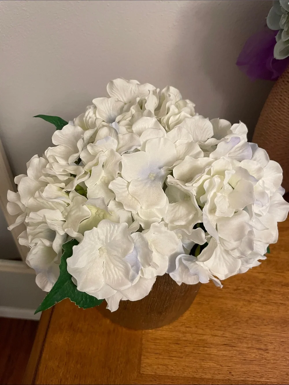 Elegant Faux Artificial White Hydrangeas Arrangement with Gold Color Pot Vase